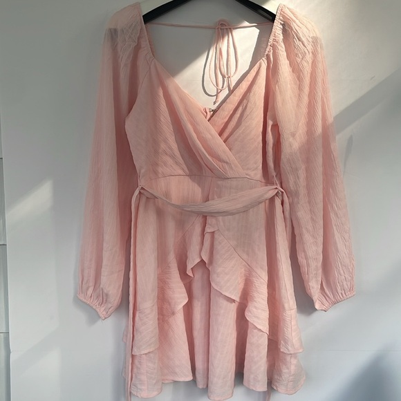 Trixxi Pink Ruffled Chiffon Tie Front or Back Mini Skater Dress Medium - Picture 4 of 17